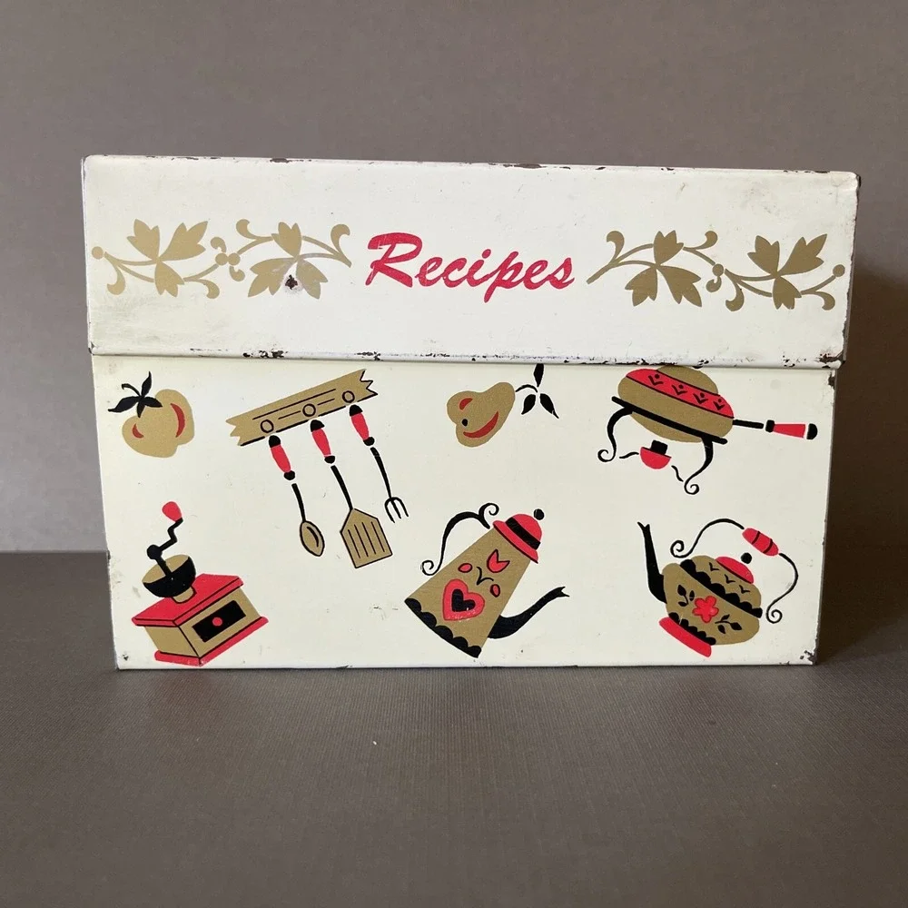 Vintage Metal Tin Recipe Box Midcentury Farmhouse Retro Kitchen Decor Gold‎